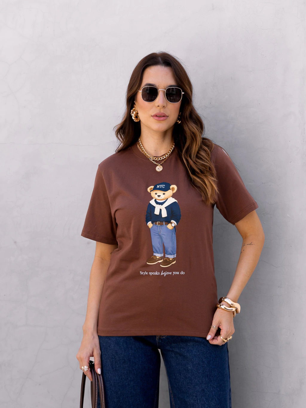 CAMISETA FEMININA URSO BEFORE MARROM UZZY ALGODÃO